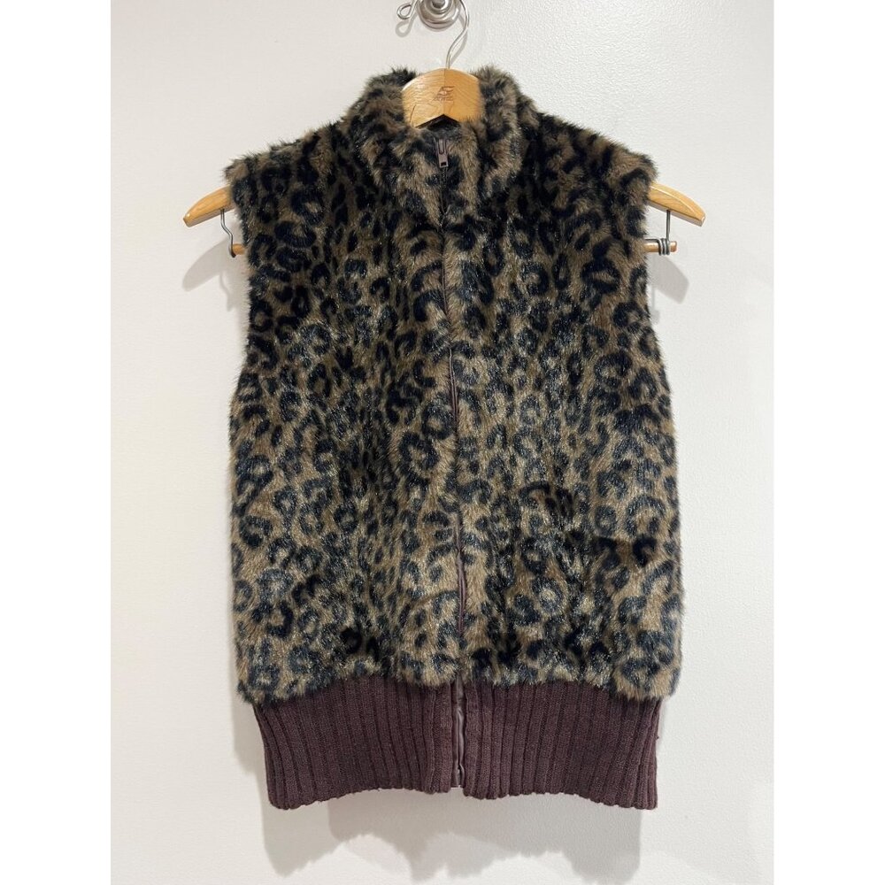 Heirloom Collectibles Faux Leopard Print Vest Womens L Brown Full Zip